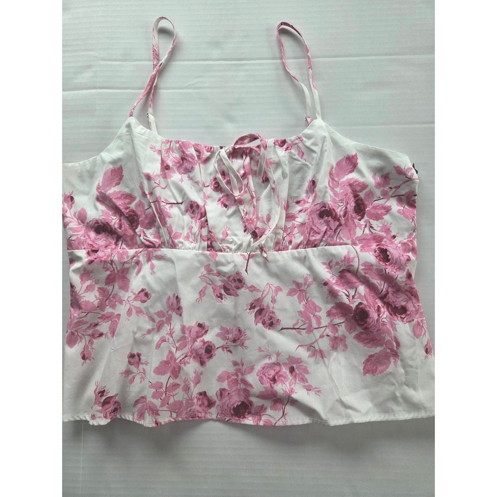 1.STATE Cami Top Women Large Pink White Floral Toile Smocked Tie Front Peplum